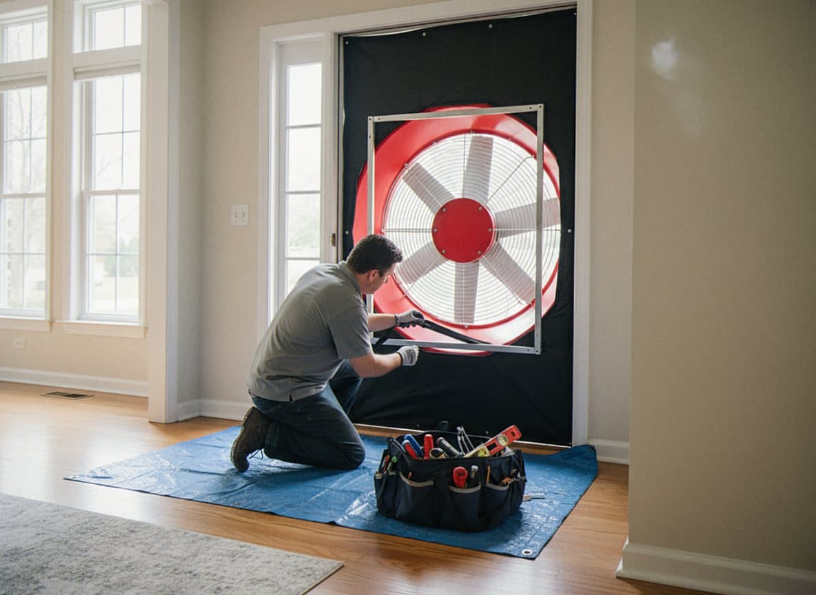 Blower door testing for air leaks