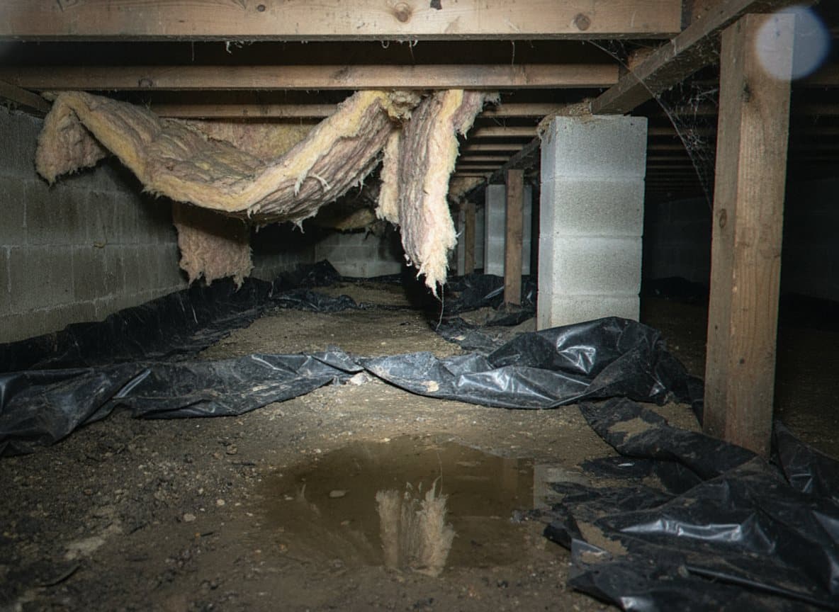 Damp, exposed crawl space before sealing