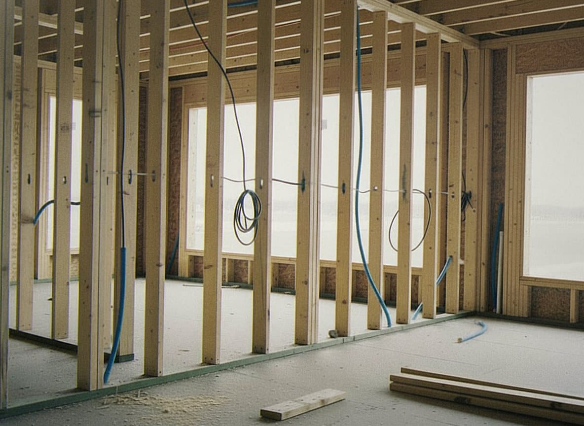 Open wall and roof framing before insulation