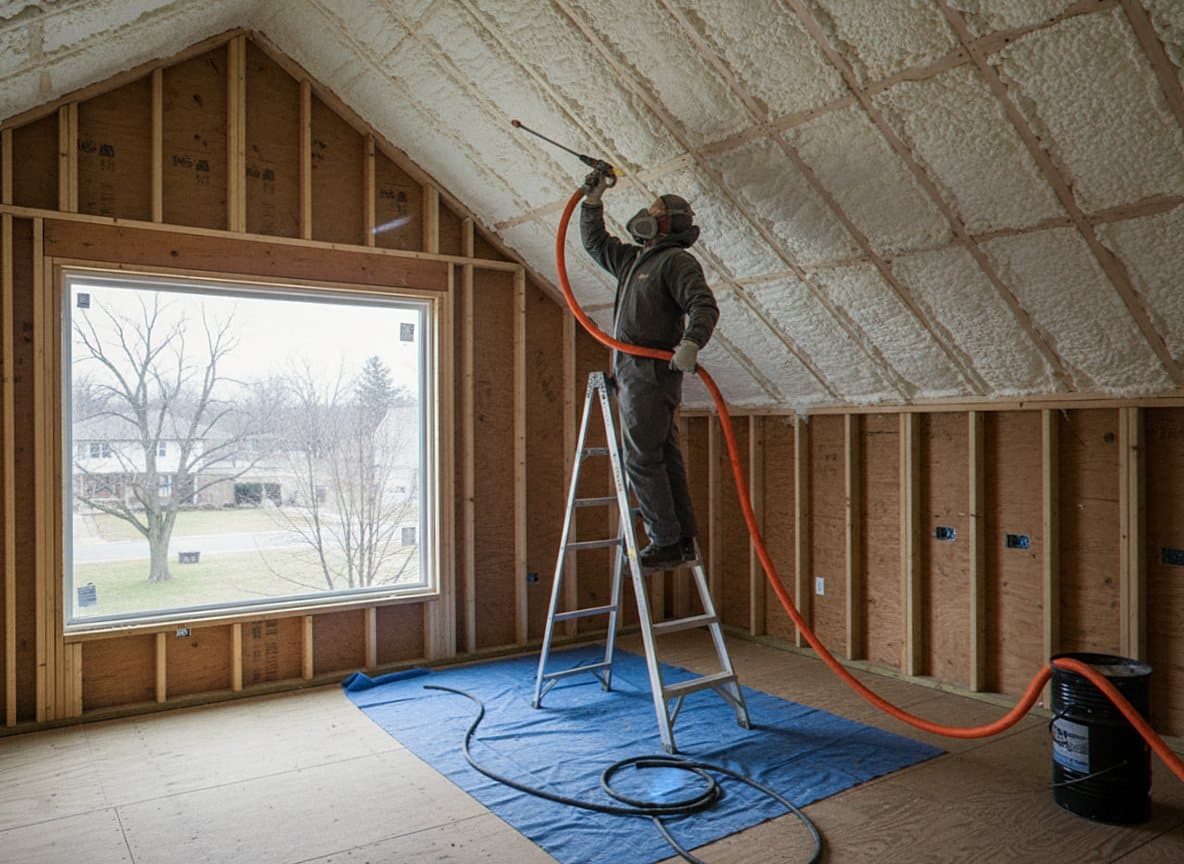 Foam applied to roof rafters